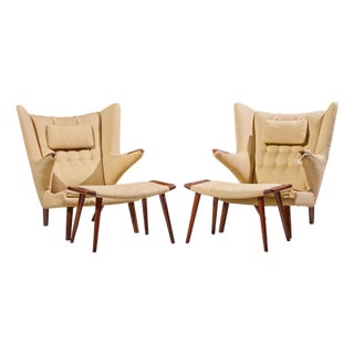 Hans Wegner for Ap Stolen Ap19 Mid Century Papa Bear Chair and Ottoman - Pair For Sale