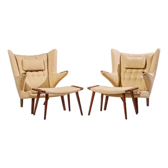 Hans Wegner for Ap Stolen Ap19 Mid Century Papa Bear Chair and Ottoman - Pair For Sale