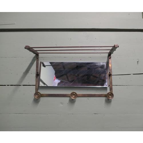 Arts and Crafts French Brass Hall Mirror with Shelf and 3 Coat Hooks, 1930 For Sale - Image 3 of 7