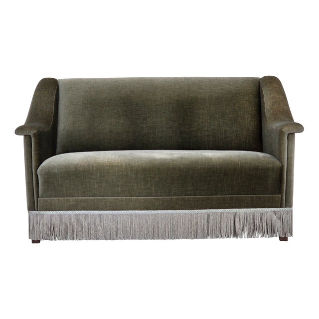 Vintage Danish Two-Seater Sofa in Green Furniture Velour and Beech Wood, 1970s For Sale