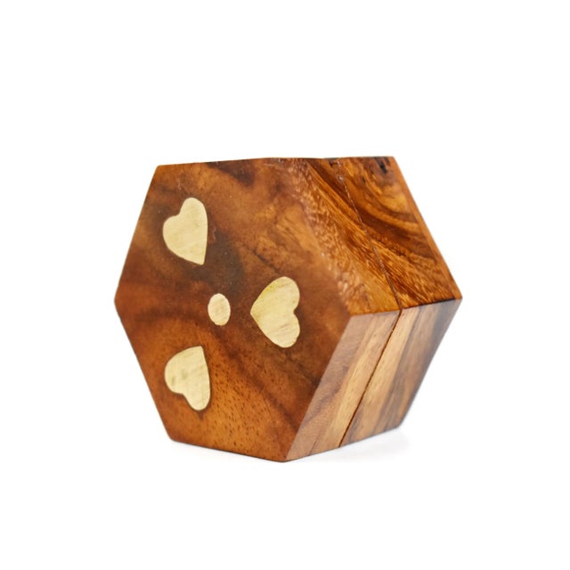 Mid 20th Century Mid 20th Century Vintage Hand Made Inlaid Brass Hearts Wooden Hexagon Box For Sale - Image 5 of 8