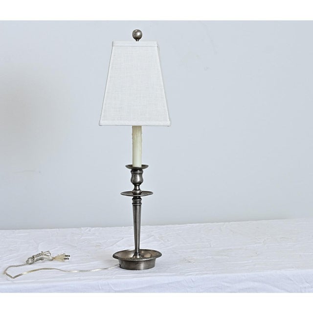Metal French Vintage Pewter Table Lamp With Custom Linen Shade For Sale - Image 7 of 9