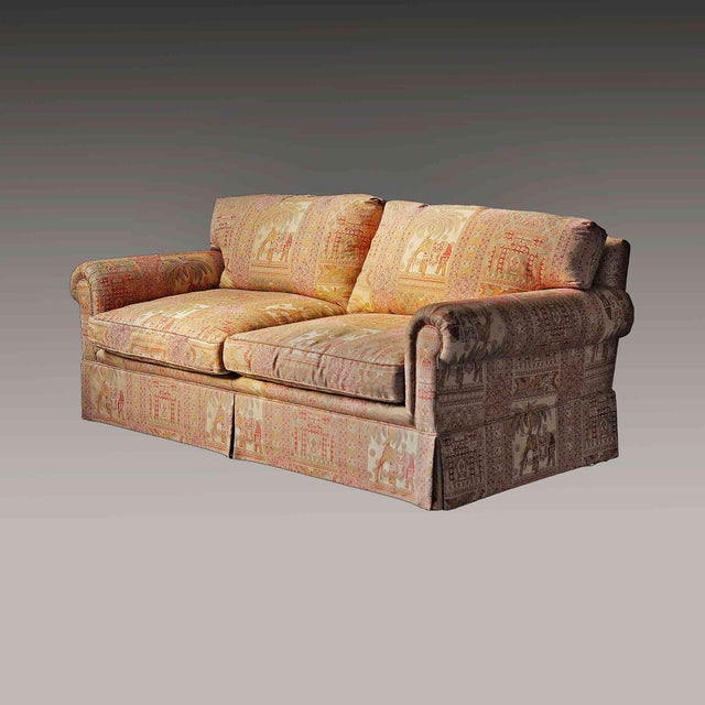 French Provencial Louis XVl Royal Palace India Upholstery. Vintage two-seater sofa featuring upholstery with palm trees,...