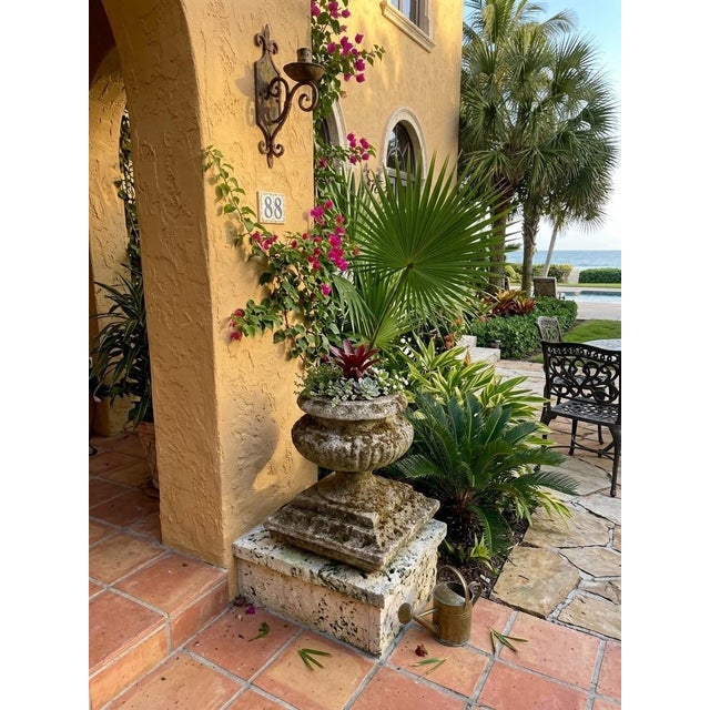 Vintage Weathered Cast Stone Garden Urn Planter on Stepped Square Pedestal Base For Sale - Image 10 of 12