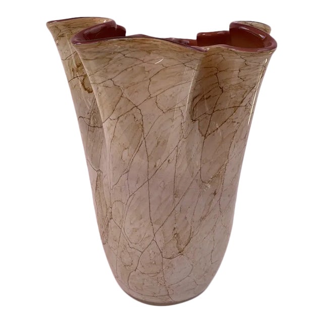 Krosno Jozefina Art Glass White Exterior Dark Pink Interior Ruffled Vase For Sale