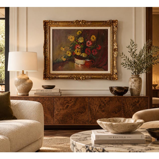 Beautiful vintage 1960s impressionist still life oil painting on canvas, signed Tian. Features a vibrant arrangement of...