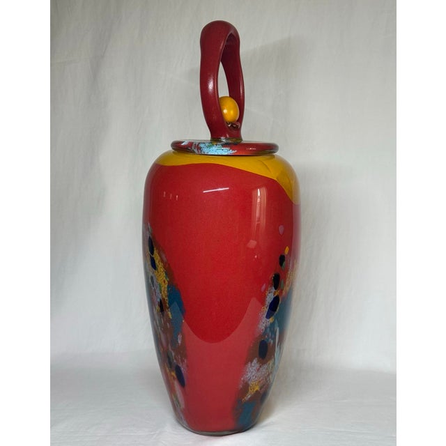 Postmodern Postmodern Multicolor Art Glass Jar Vase Loop & Ball Finial Lid For Sale - Image 3 of 12