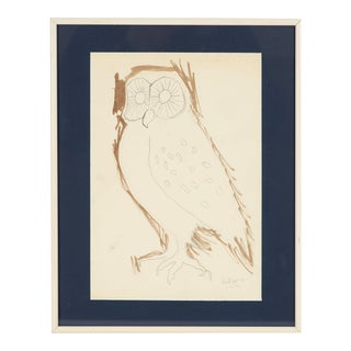 Harry Hilson Signed Ink and Watercolor Drawing of an Owl For Sale