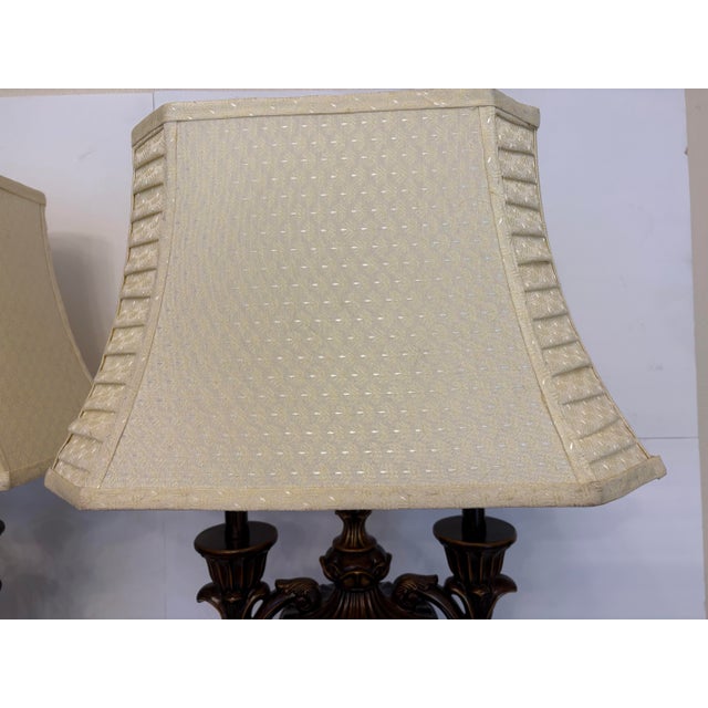 1980s Vintage Neoclassical Bronze and Gold Candelabra Urn Table Lamps - A Pair For Sale - Image 5 of 6