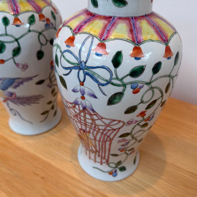 Early 21st Century Pair of Altfield Hong Kong Hand-Painted Chinoiserie Bird & Floral Porcelain Vases, 14” For Sale - Image 5 of 12