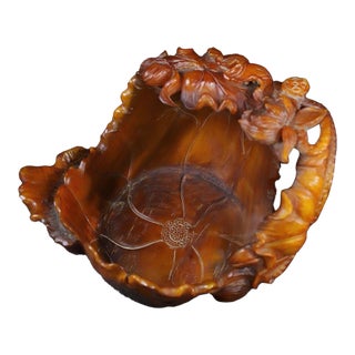 Carved Horn Brush Washer With Lotus Motif For Sale
