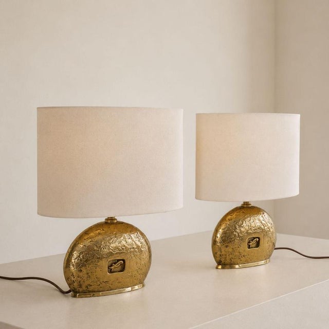 Gold Italian Lamps in Cast Brass with Oval Lampshades, 1970s, Set of 2 For Sale - Image 8 of 9