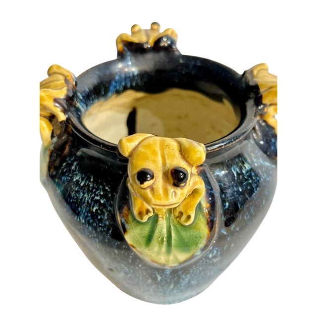 Vintage Italian Majolica Frog-Handle Cachepot Planter | Blue Glazed Pottery Vase, 4” For Sale - Image 9 of 10