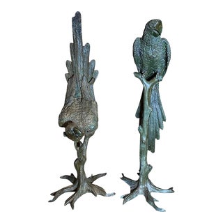 Pair of Monumental Mid-Century Patinated Bronze Parrot Sculptures on Tree Stands For Sale