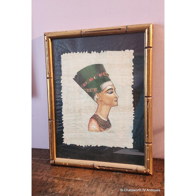 Vintage Framed Hand Painted Papyrus Egyptian Painting of Nefertiti ~ Signed, 1990s For Sale - Image 4 of 6