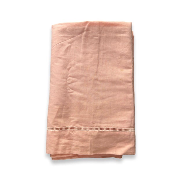 Antique French Linen Sheet Blush Coral Pink Trousseau Textile Ladderwork Detail Hand Pulled Stitch 1920s Romantic Bedding Fabric For Sale - Image 10 of 11