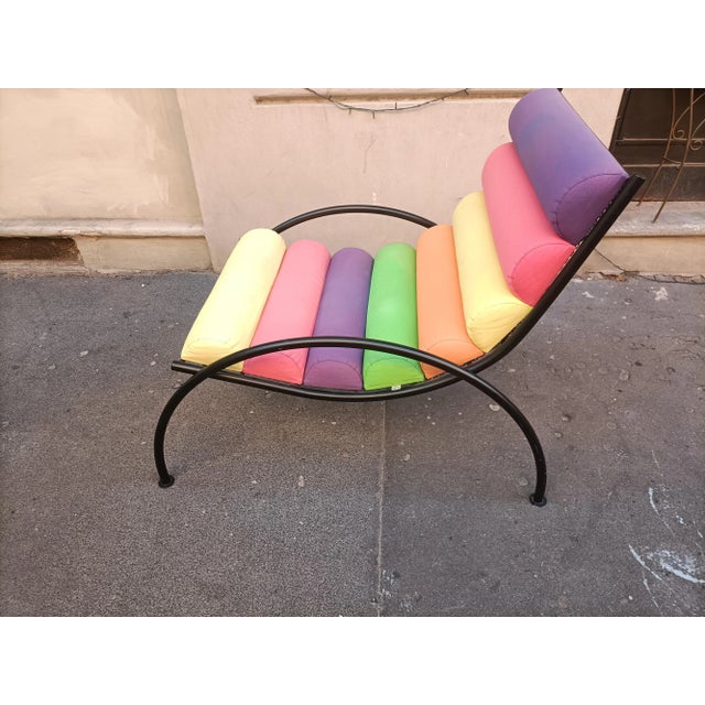 Armchair in Black Lacquered Iron with Colored Fabric Cylinders, 1980s For Sale - Image 6 of 12