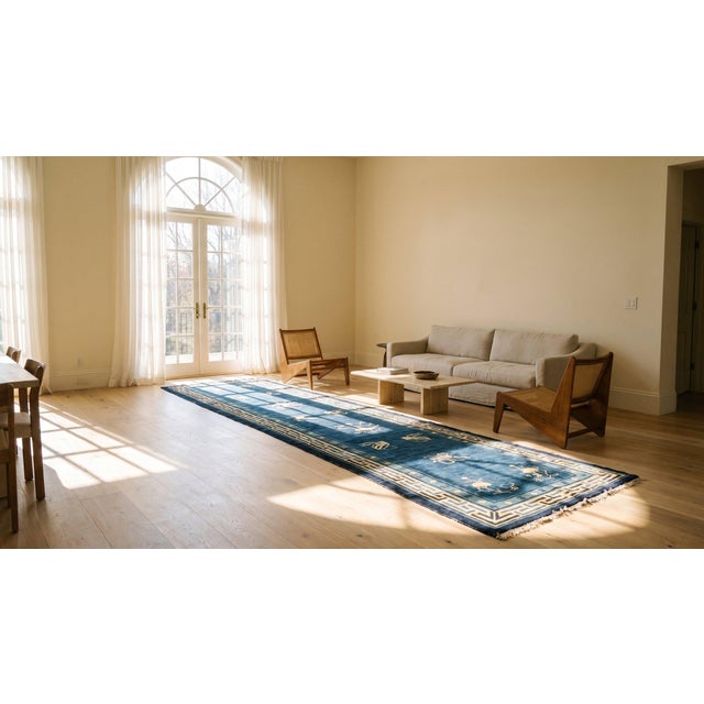 Lovely Small Asymmetric Detail on Navy Background Color Antique Chinese Peking Rug For Sale - Image 9 of 9