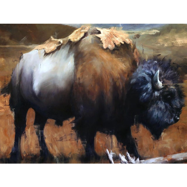 Contemporary Wanderer by Morgan Cameron | Oil on board of a bison in a natural landscape. For Sale - Image 3 of 5