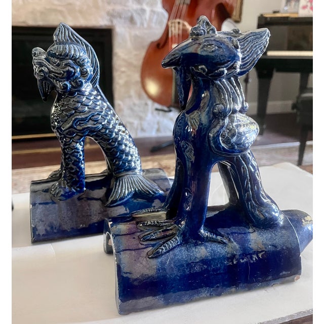Vintage Cobalt Blue Chinese Ceramic Roof Tile Figurines - Set of 4 For Sale - Image 17 of 18
