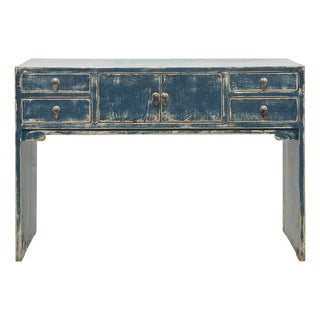 53" Distressed Dark Ink-Blue Drawers Narrow Console Credenza Table For Sale