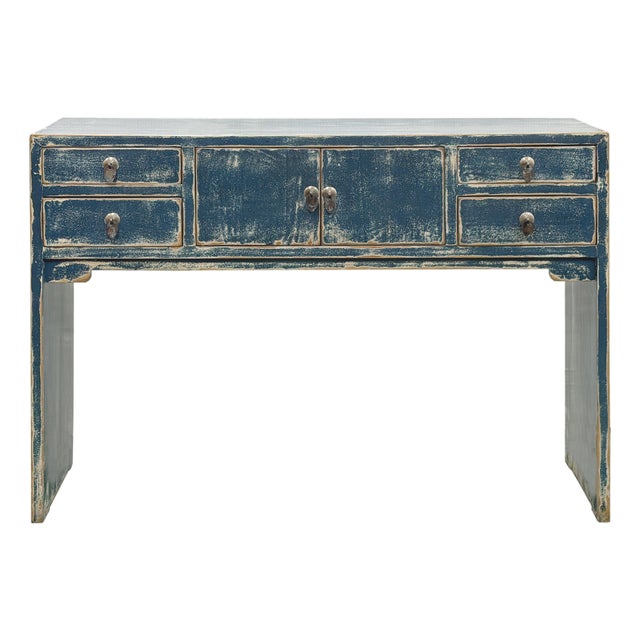53" Distressed Dark Ink-Blue Drawers Narrow Console Credenza Table For Sale