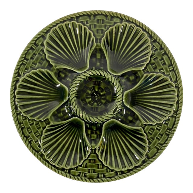 French 1920s Green Longchamp Majolica Oyster Plate For Sale