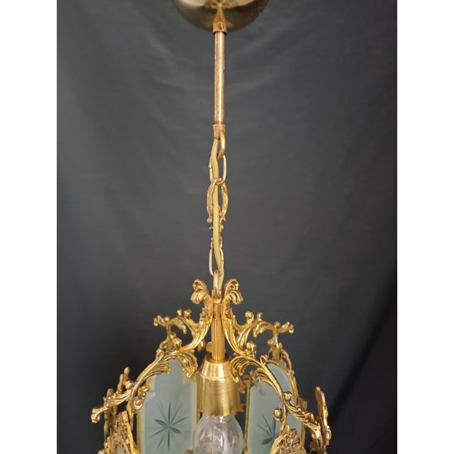 Vintage Brass Chandelier Pendant Light French Style Floral Glass Ceiling Fixture For Sale - Image 10 of 12