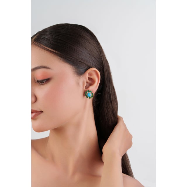 Green Retro 6.53ct Turquoise Emerald & Diamond Floral Stud Earrings in 14k Gold- 2 Pieces For Sale - Image 8 of 16
