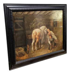 Flemish School Artist, The Stable, 1700s, Oil on Panel, Framed