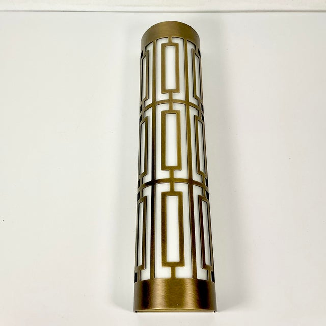 Hollywood Regency Vintage Hollywood Regency Roman Empire Style Cylinder Tole Bronze Wall Sconce, Milk Glass. For Sale - Image 3 of 13