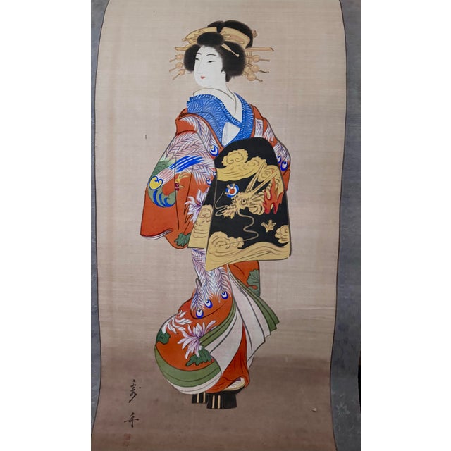 Mid 20th Century Japanese Woodblock Print Scroll Depicting a Standing Beauty For Sale - Image 9 of 12