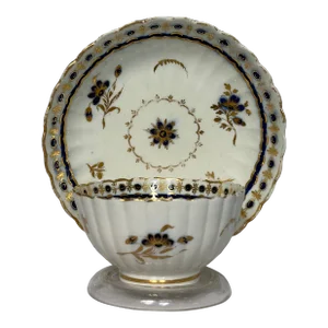 Antique Caughley Fluted Tea Bowl/Cup and Saucer, Cobalt and Gold Neoclassical 18th Century Salopian "S" Mark