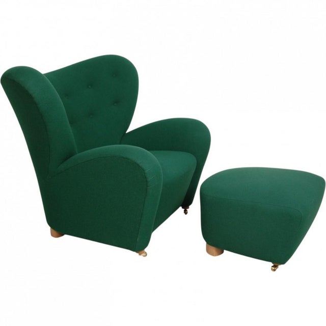 Set of The Tired Man Lounge Chair with Ottoman in Green Hallingdal Fabric by Fleming Lassen For Sale - Image 4 of 18