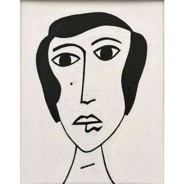This black and white abstract acrylic portrait painting is inspired by the mid-century masters. Framed in a vintage gold...
