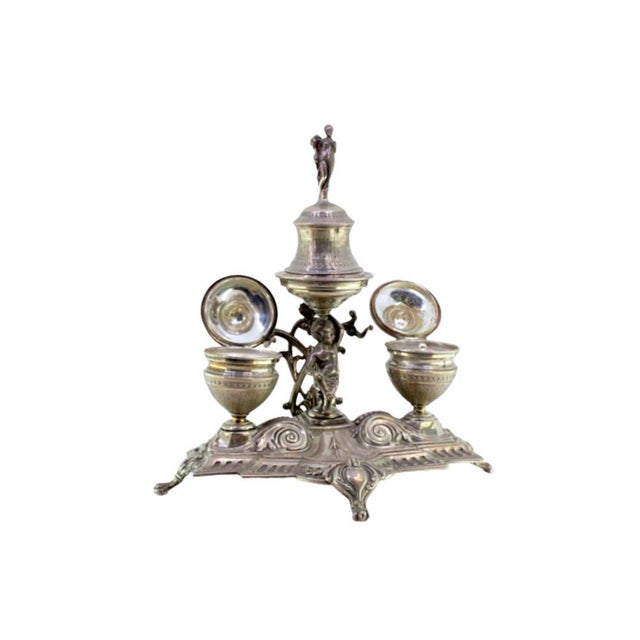Inkwell in Relief Silver with Putti Bell, Pen Holder and Cut-Out Feet For Sale - Image 6 of 6