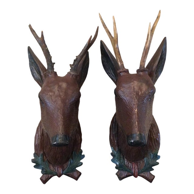 Antique Carved Wood Deer Heads With Real Roe Antlers Chairish