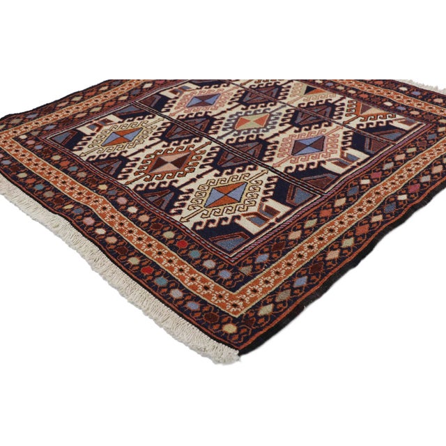 Vintage Persian Shiraz Kilim Rug with Tribal Style 02'11 x 03'01. Full of tiny details and a bold expressive design...