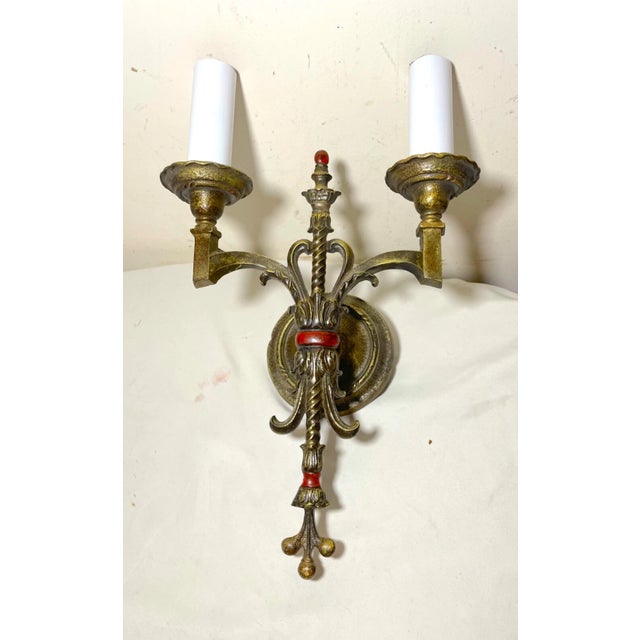Antique Ornate Empire Style Dual Arm Gilded Bronze Brass Wall Sconce Fixture For Sale - Image 4 of 9