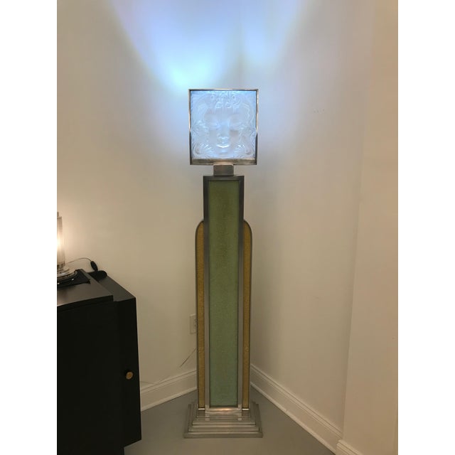 Standing floor lamp signed M Lalique, Rene Lalique's son. French art glass "Masque de Femme" plaque. Features a beautiful...
