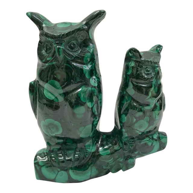 1980s Carved Solid Malachite Stone Owls Sculpture For Sale