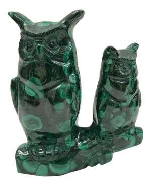 1980s Carved Solid Malachite Stone Owls Sculpture