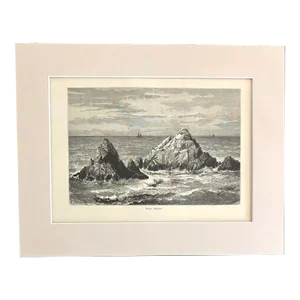Antique 1874 Wood Engraving "Seal Rocks" Ca in 11x14 Mat