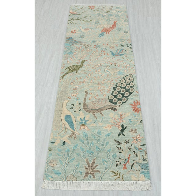 Persian 2.6x8ft. Light Blue Peacock Bird Garden Hand Knotted Wool Rug For Sale - Image 3 of 3