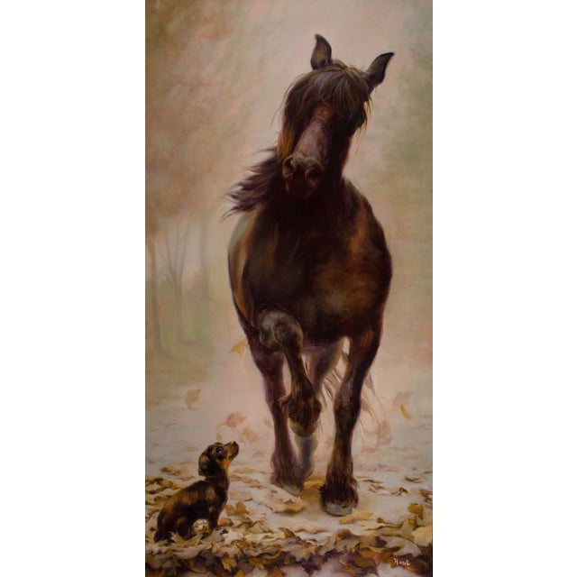 In "Puppy & the Beast," a playful juxtaposition unfolds between a small, curious puppy and a majestic horse, both rendered...