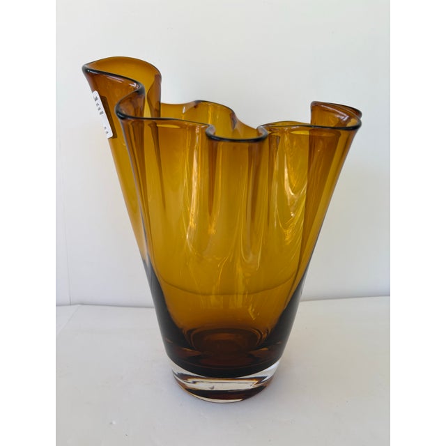 Mid-Century Modern Polish Handblown Amber Artglass Freeform Rim Vase – 9.75” For Sale - Image 3 of 8