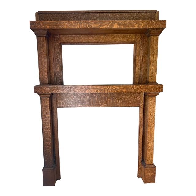 Vintage Quarter-Sawn Oak Craftsman Fireplace Mantel With Overmantel Mirror Opening For Sale