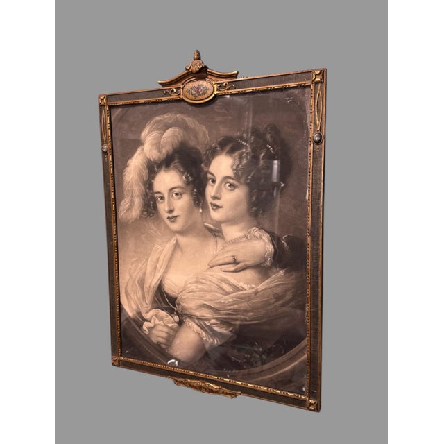 Antique Victorian Lithograph Print of Two Ladies in a Floral Paint Decorated Art Deco Frame In good original condition...