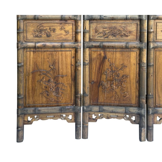 Vintage Finish Openwork Floral 4 Panels Wood Floor Screen Room Divider For Sale - Image 9 of 10