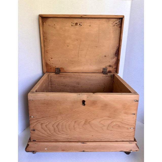 Farmhouse Antique Small Pine Storage Chest on Original Casters For Sale - Image 3 of 11